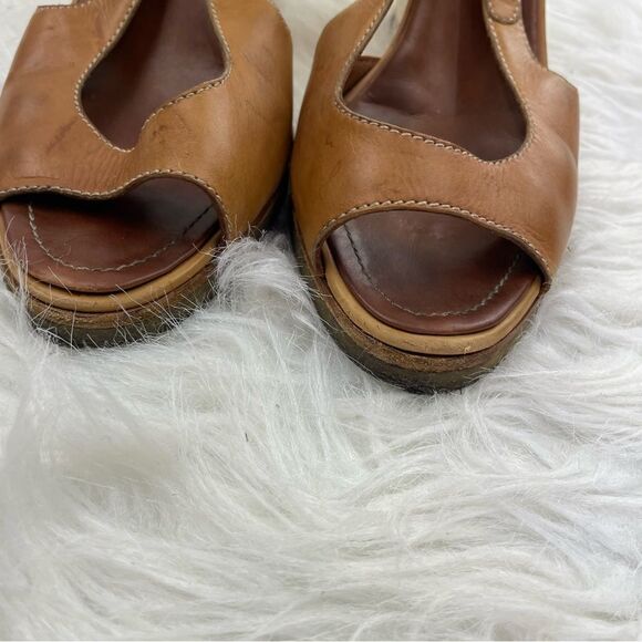 Chanel Light Brown Slingback Peep Toe Leather Wedge Sandals - Picture 3 of 16